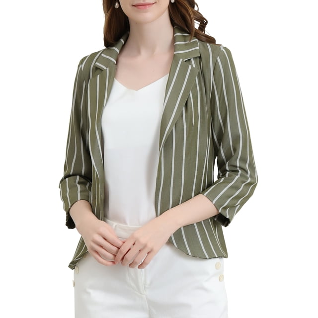 INSPIRE CHIC Blazer à Rayures pour Femme Manches 3/4 Décontracté Ouvert à l'Avant Revers Cranté Blazer TG Vert Armée