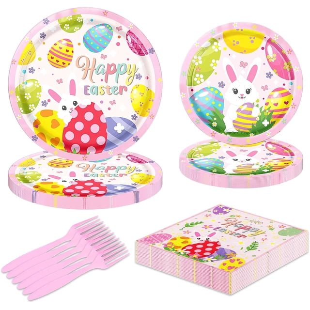 YQWIN 68Pcs Easter Party Supplies Easter Party Decorations Easter Tableware Easter Plates Napkins Easter Dinnerware Bunny Eggs Tableware Bunny Egg Paper Plates Disposable Tableware for Spring Easter