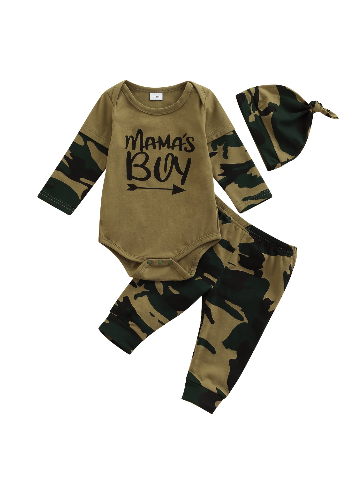 3PCS Newborn Baby Boys Girls Infant Military T-shirt Tops+Long Pants Outfits Set 