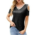 thumbnail image 1 of Tops de Lentejuelas para Mujeres Manga Corta Cuello en V Fuera Del Hombro Suéter 95% Poliéster 5% Spandex, Nueva Blusa de Lentejuelas para el Uso Diario, 1 of 8