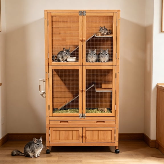 Multi-Level Chinchilla Cage Chew-Proof Indoor Ventilated Wood Small Animal Hutch with Wheels Storage Cabinet,Orange