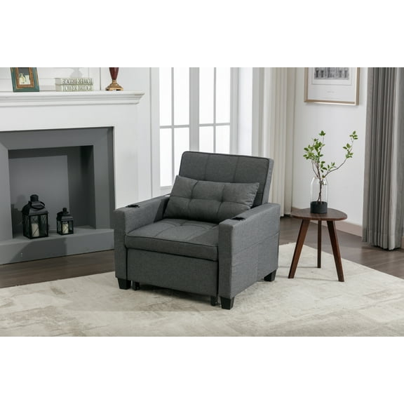 Convertible Sleeper Chair Sofa Bed - Adjustable Backrest, USB & Cup Holders, Premium Leather, with Pillows, Easy Assembly