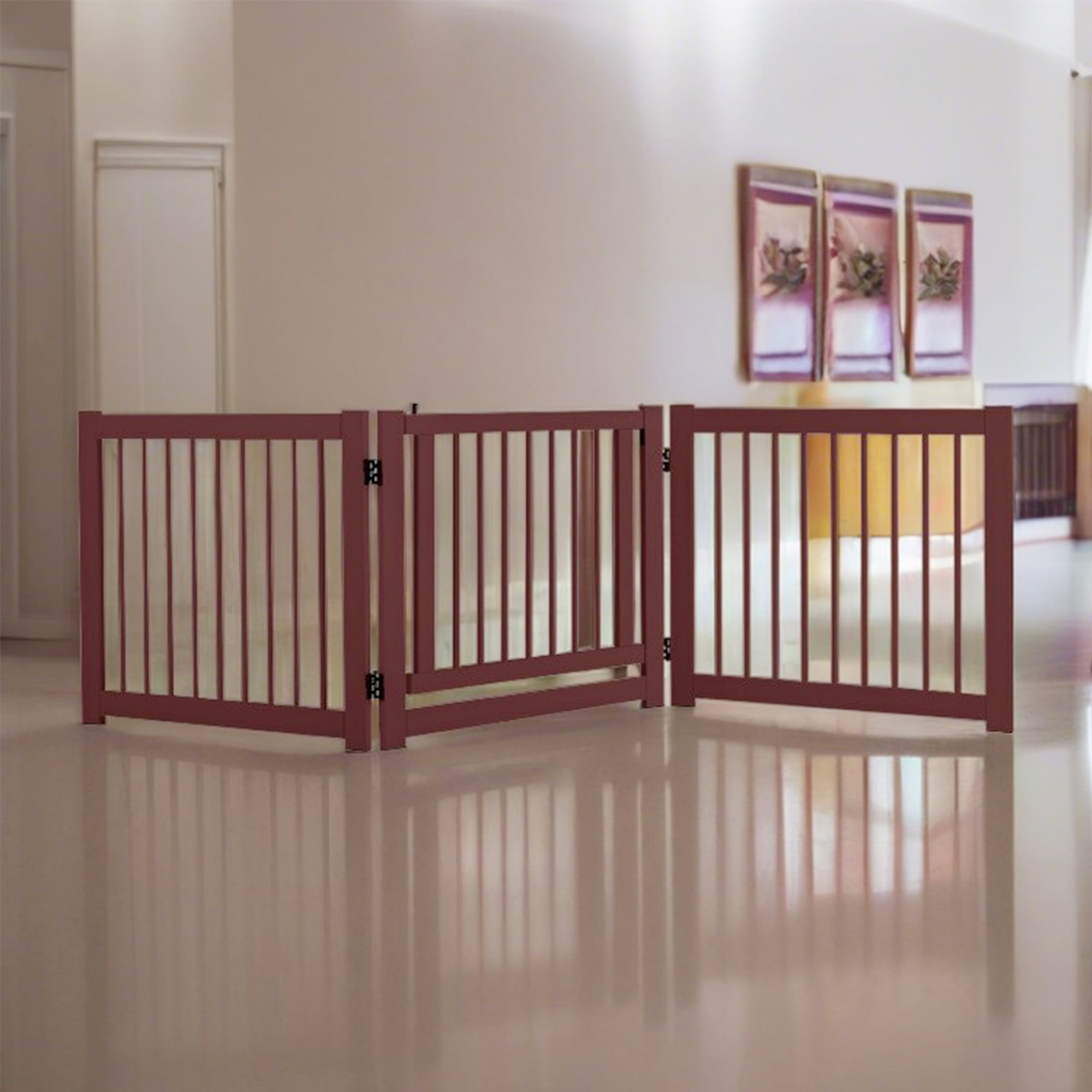 Pefilos 81" 3 Panel Wooden Folding Fence Freestanding Pet Gate, Stairs Step Over Divider for Dogs and Puppies, Brown