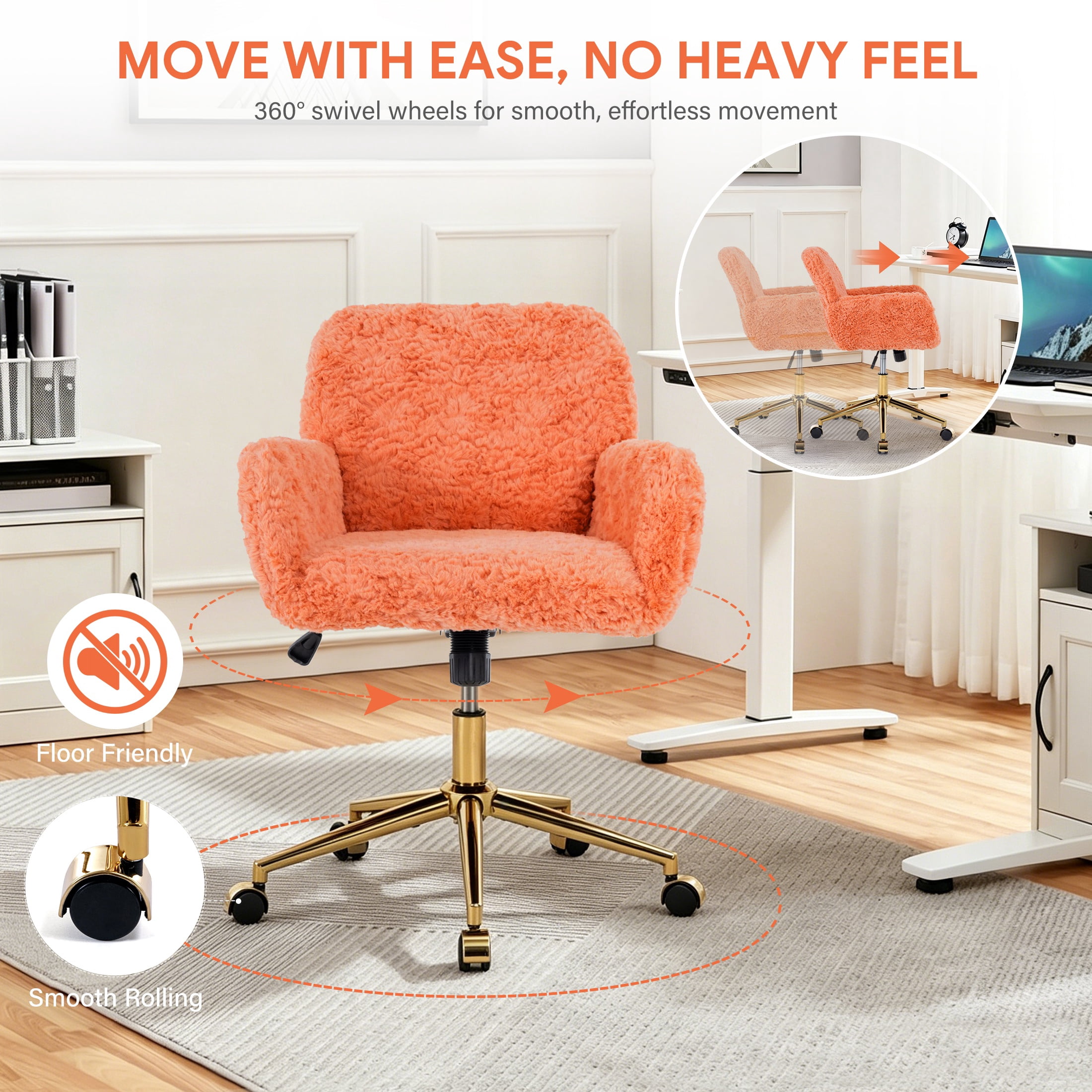 PAPROOS Vanity Chair with Back, Adjustable Swivel Makeup Desk Chair with Wheels and Arms, Fluffy Home Office Task Chair with Artificial Rabbit Hair for Bedroom, Dorm, Study Room, Orange