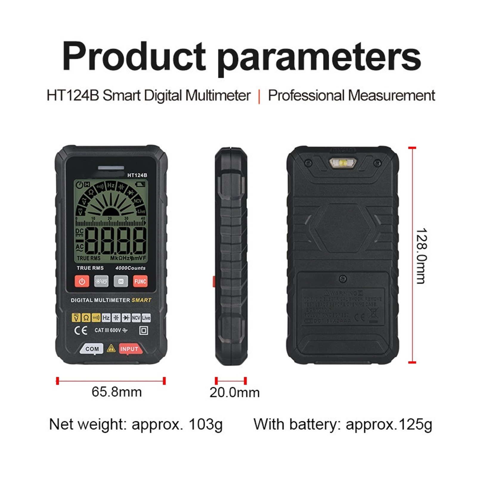 HT124B Smart Digital Multimeter, Auto-Ranging Volt Meter, TRMS 4000 Counts Voltage Tester Measures Voltage, Capacitance, NCV, Frequency, Ohm, Continuity, Diode, Live Wire for Automotive, DIY