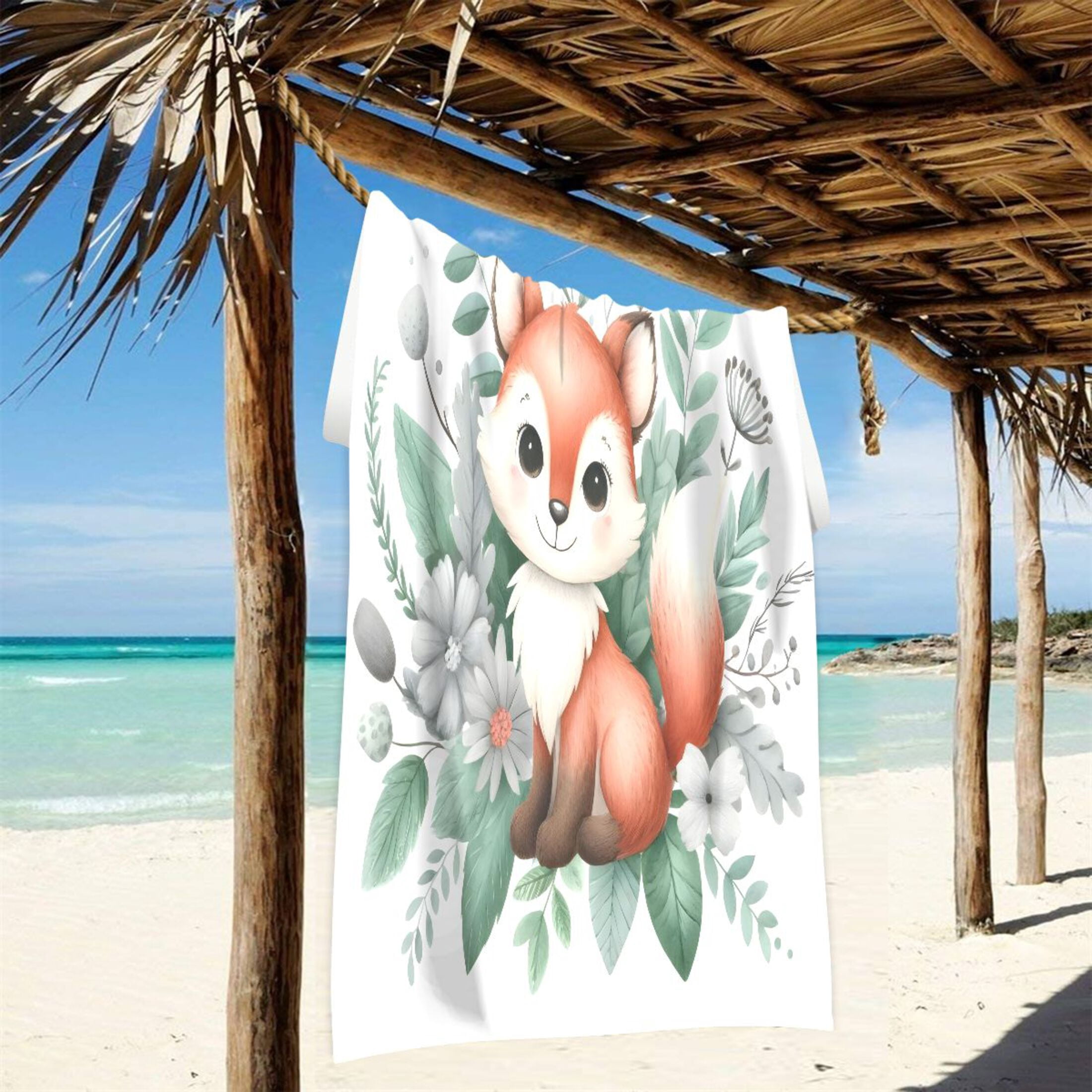 Oversized Beach Towel Extra Large Absorbent Microfiber Bath Towels Soft Quick Drying Cute Fox in Floral Bouquet 74"x37"
