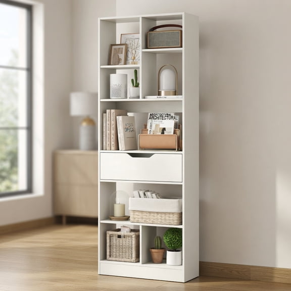 Resenkos 61 Inch Tall Freestanding Bookcase with Drawer, 8-Cube Storage Organizer for Study, Bedroom, White