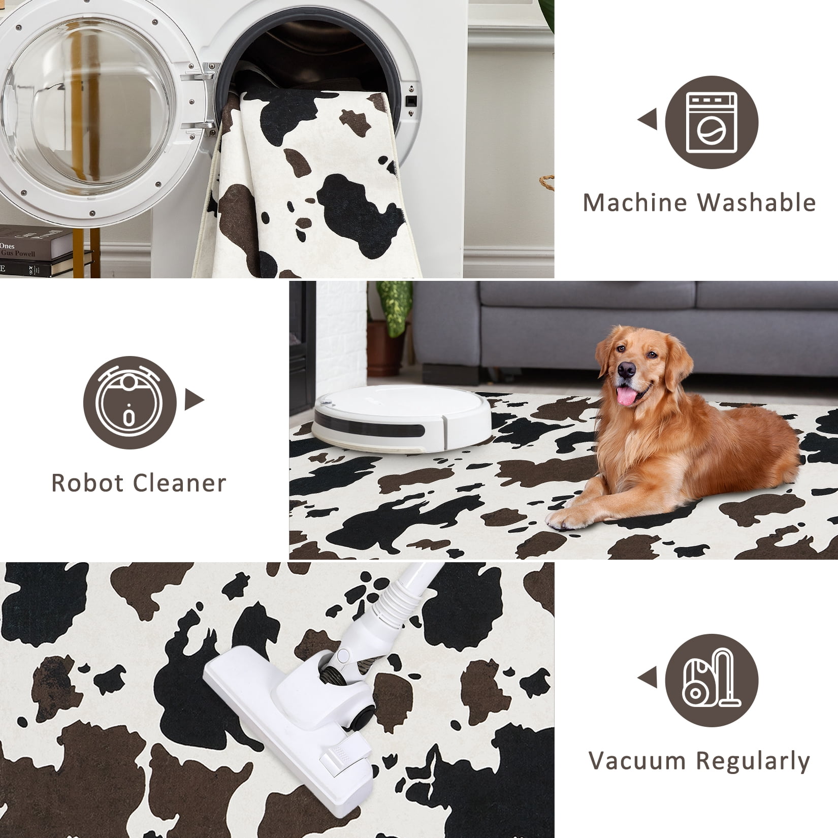 Tzou Cow Print Runner Rugs 2' x 6' – Modern Washable Low Pile Throw Rug with Non-Slip Backing, Stain-Resistant Soft Floor Carpet for Living Room, Bedroom, Kitchen (Machine Washable)