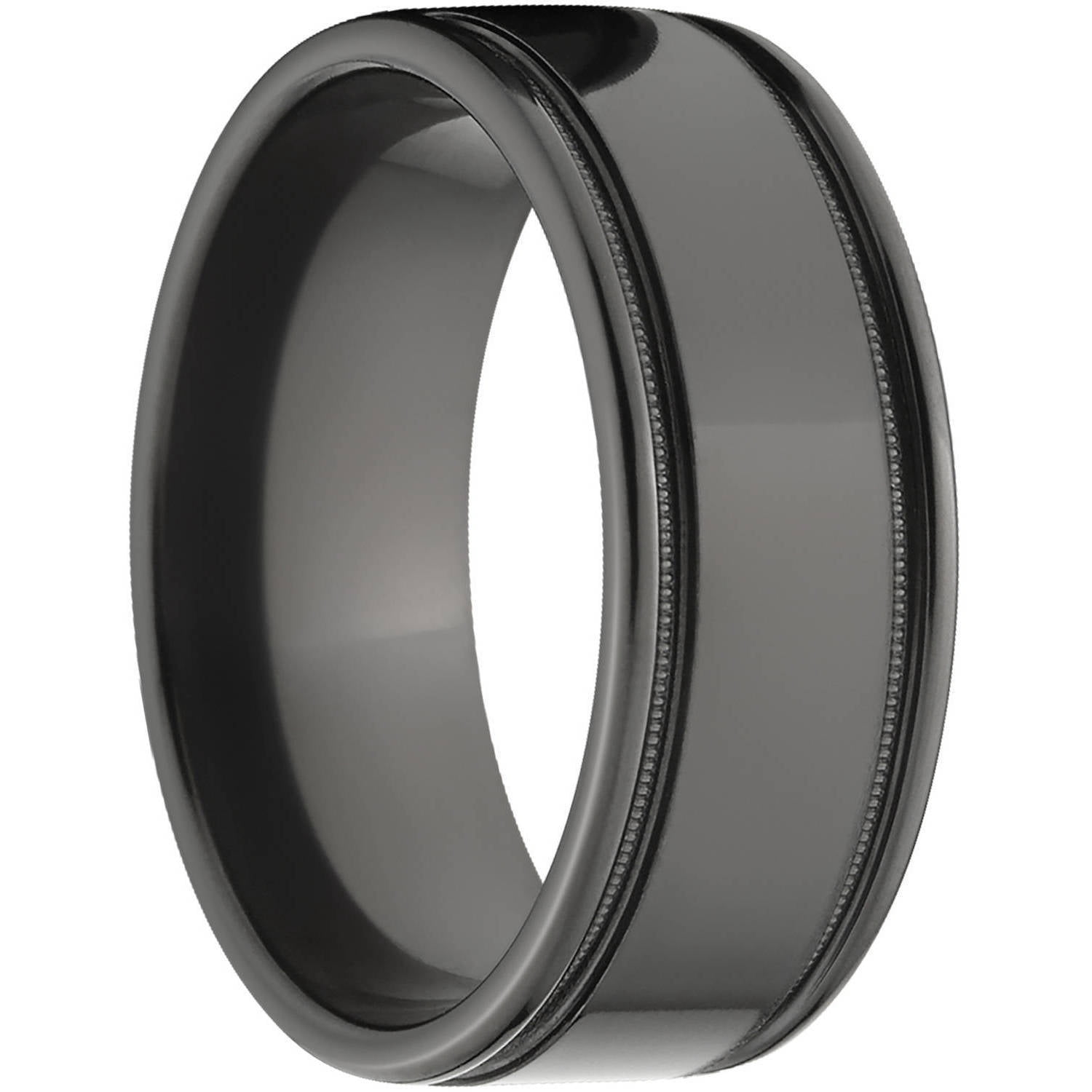 8mm Flat Black Zirconium Ring with Two Grooves and a Raised Center