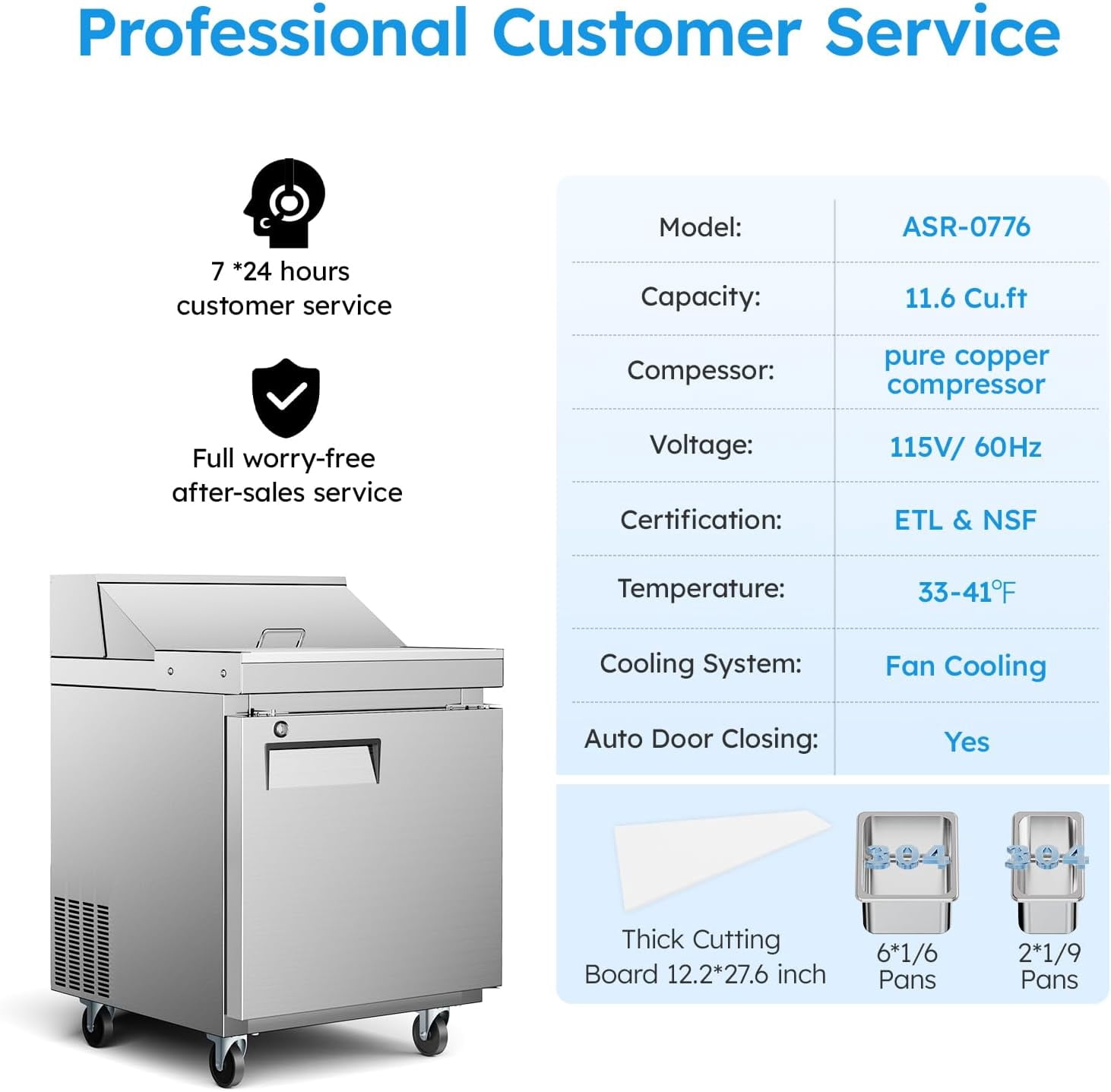 XUTUMM ETL & NSF Certified 27" Commercial Sandwich Prep Refrigerator - 11.6 Cu.Ft. Stainless Steel Salad/Pizza Prep Table with Cutting Board & 8 Pans