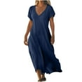 thumbnail image 3 of Meichang Summer Dresses for Women 2025 Casual Cotton Linen Maxi Dress V Neck Short Sleeve Beach Dresses Swing Flowy Loose Fit Plus Size Dresses, 3 of 7