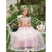 IBTOM CASTLE Flower Little Big Girls Maxi Dress Bridesmaid Wedding Pageant Party Princess Communion Floral Boho Vintage Lace Dance Gown 11-12 Years Rainbow Pink