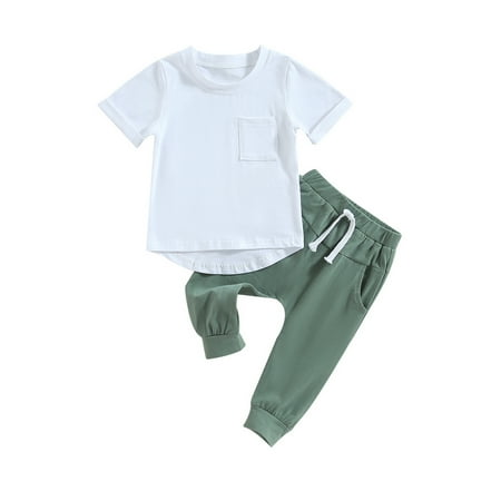 

Unisex Toddler Baby Boy Girl Spring Fall Clothes 6M 12M 18M 24M 3Y Short Sleeve T-Shirt Tops+Long Pants Two Piece Solid Outfit