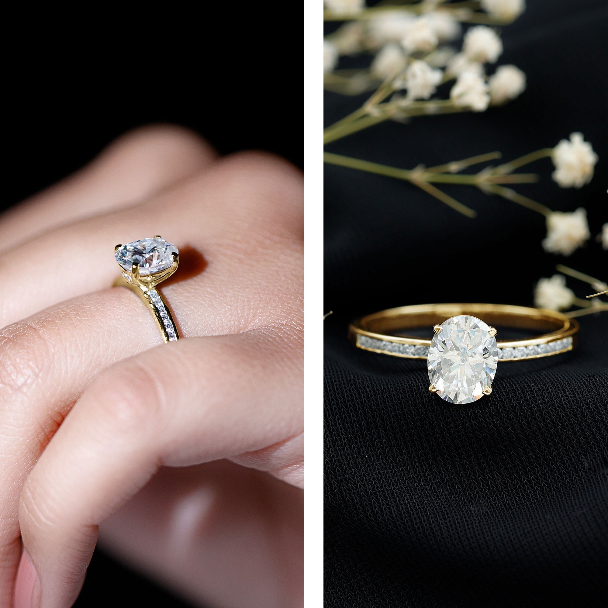 Rosec Jewels 2 Carat Oval Shape Moissanite Engagement Ring with Side Stones for Women (D-VS1 Quality) - with Jewelry Box, 10K Yellow Gold, US 11.00