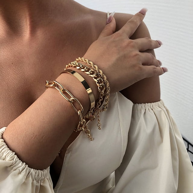 Pulseras para mujer, regalos para mujer, cadena de aleación gruesa exagerada, pulsera de oro de moda, conjunto de cuatro piezas, pulsera para mujer