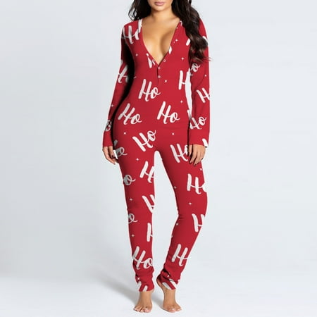 

Ladies Christmas Printed Half-removable Button Functional Long Sleeve Button Flip Adult Pajamas
