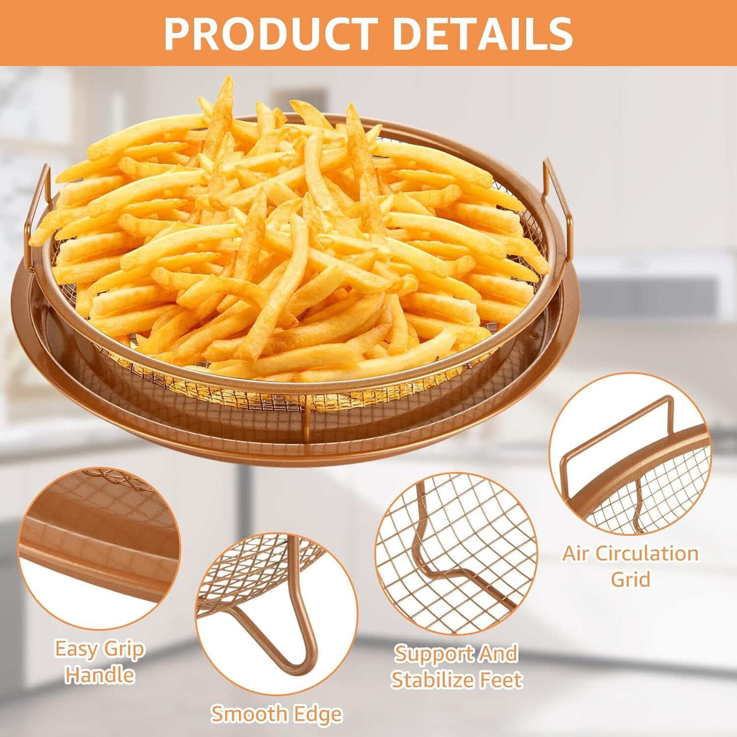 Air Fryer Basket for Oven, 2 Pieces Set Round 12'' Non-stick Stainless Steel Mesh Air Fryer Baking Tray Accessories Rack Roasting Grill Basket for Convection Oven Air Fryer, Dishwasher Safe