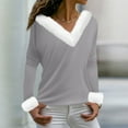 thumbnail image 4 of Long Sleeve Pullover Christmas Tops Womens Loose Long Sleeve V Neck Fur Trim Sweater Tops Gray XL, 4 of 7
