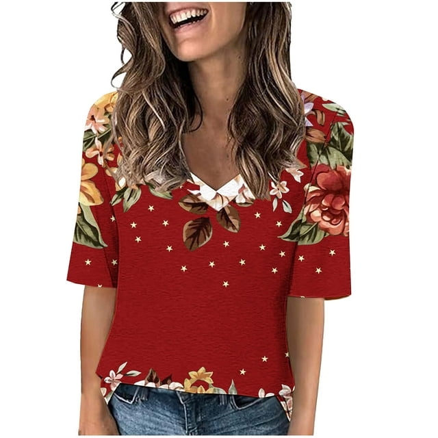 Birdeem Blouses pour Femmes Mode Décontractée Imprimée T-Shirt à Manches Courtes Col en V Yop