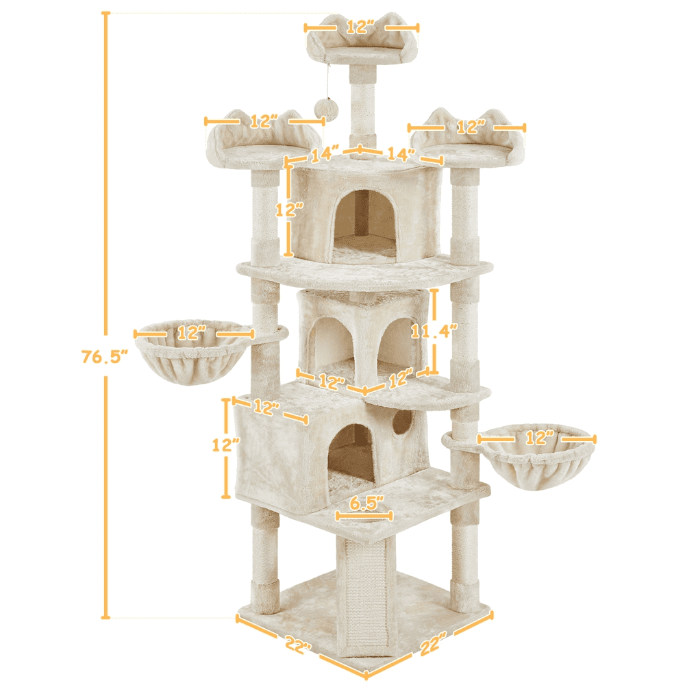 Alden Design 76.5" H Large Cat Tree Tower with 3 Condos Cozy Perches Dangling Ball, Beige