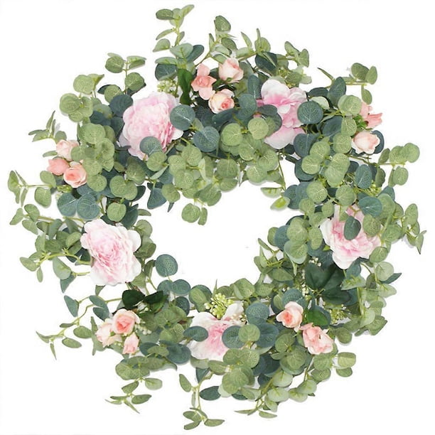 Rose Flower Eucalyptus Wreath Handmade Artificial Garland for Front Door Wall Wedding Party Home Decor Mother's Day Gift