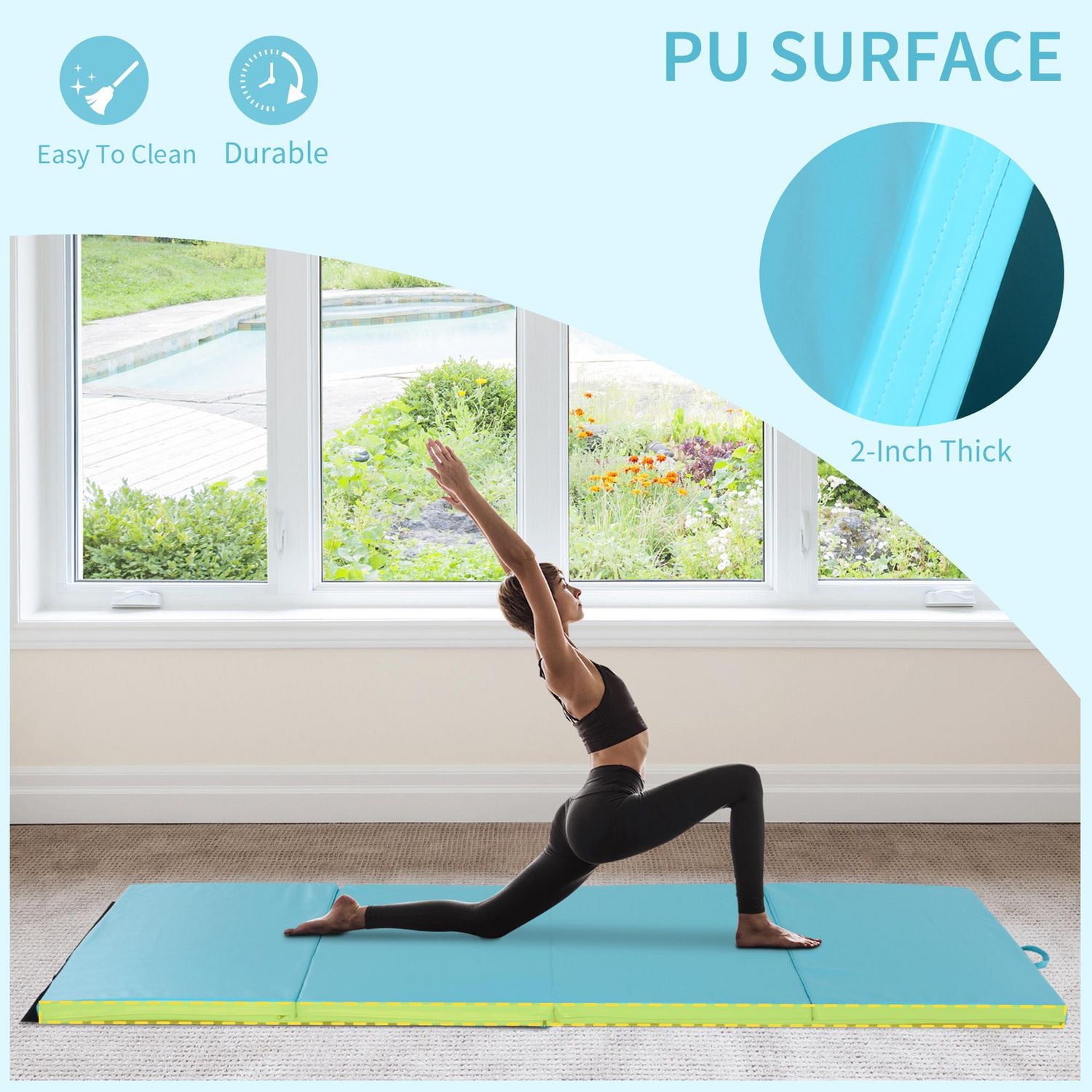Soozier Tapis de gymnastique en PU Tapis d'étirement Yoga Sport Tumbling Bleu clair