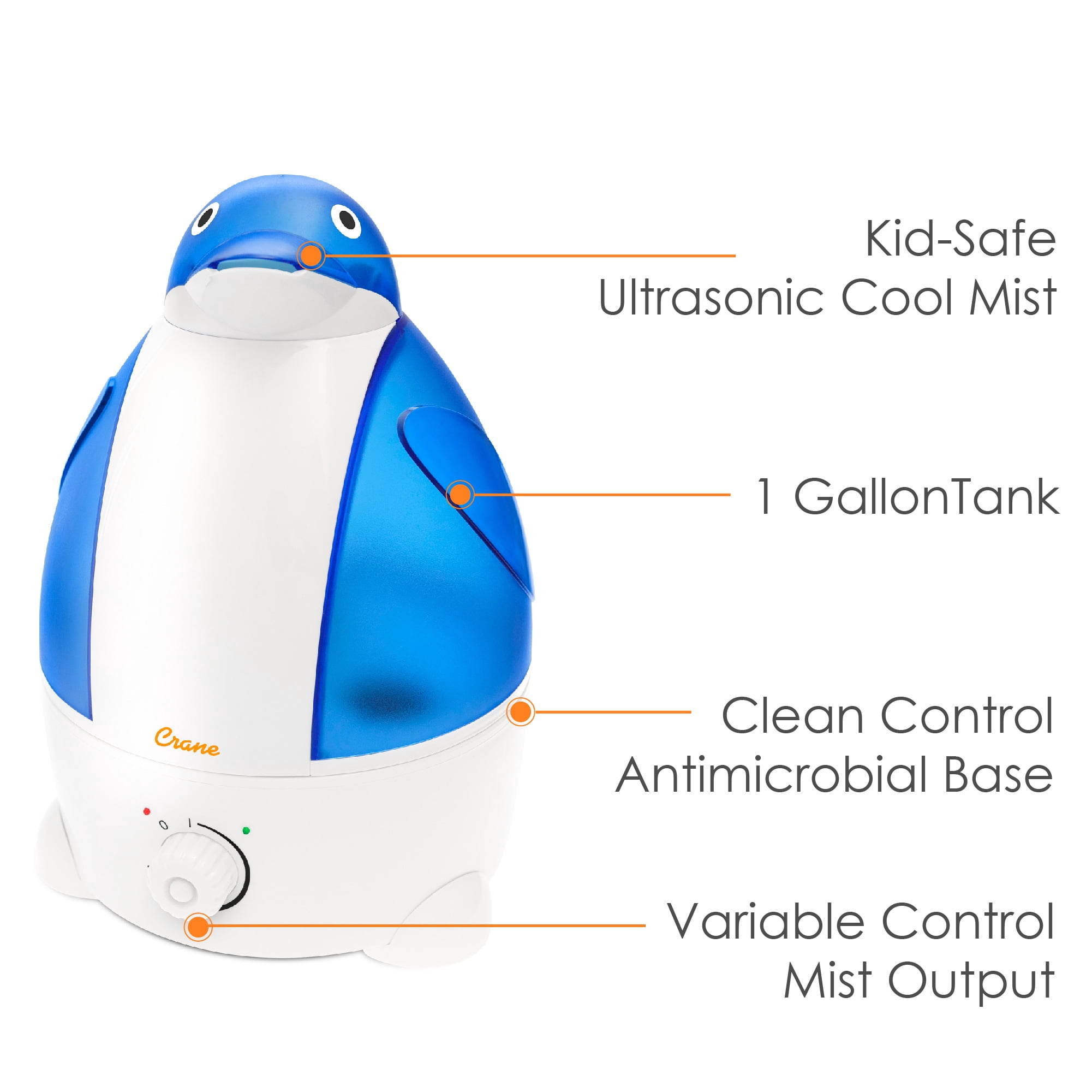 Crane Adorable Ultrasonic Cool Mist Humidifier, 1 Gallon, 500 Sq ft Coverage, 24 Hour Run Time - Penguin