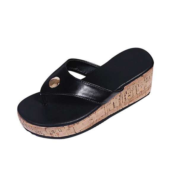 JeashCHAT Women's Platform Wedge Flip Flops Thong Sandals T-Strap Slip On Summer Slide Sandals (Black)