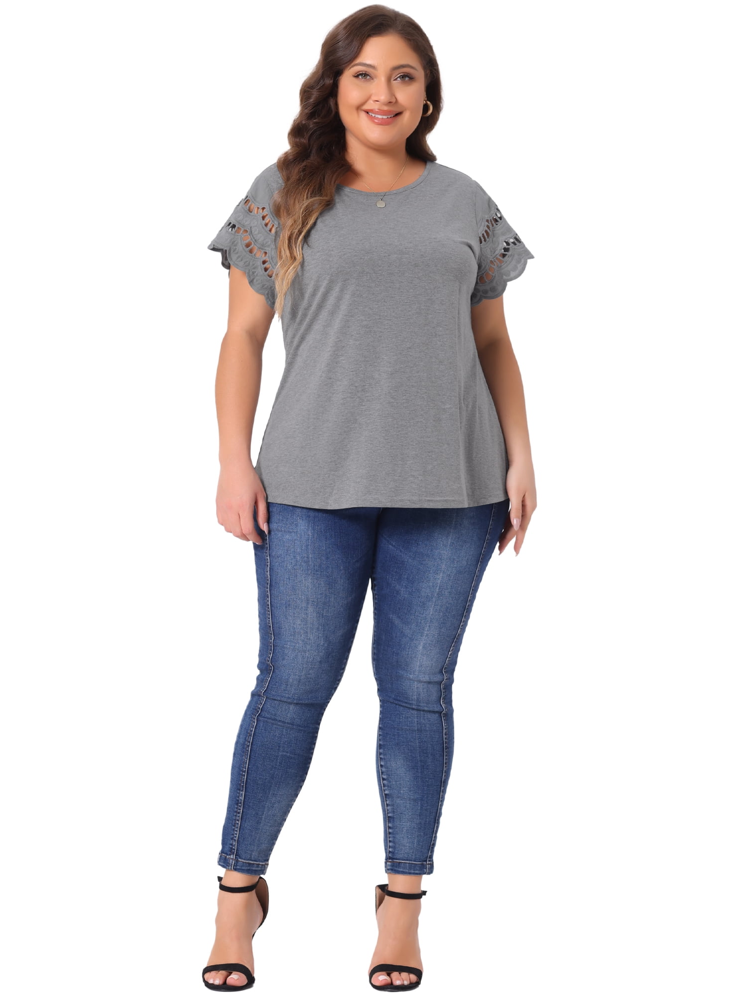 DARING DIVA Women's Plus Size Round Neck Lace Panel Blouses 2X Grey
