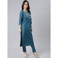 thumbnail image 6 of Janasya Indian Women's Teal Poly Silk Solid Kurta with Pant and Dupatta, 6 of 10