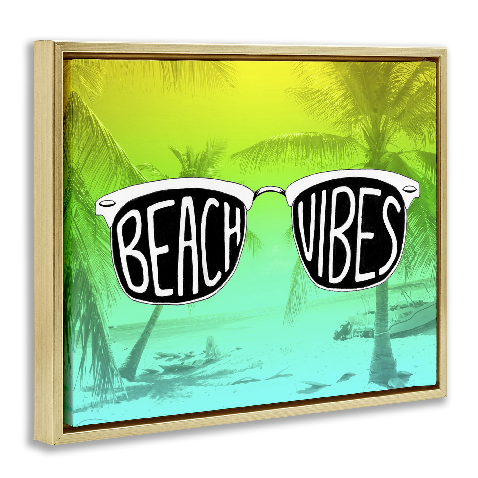 Stupell Industries Beach Vibes Sunglasses Typography Painting Gold Floater Framed Canvas Art Print Wall Art, 21 x 17