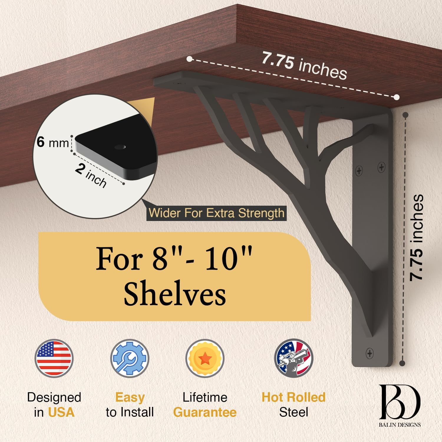 Rustic Tree Shelf L Brackets by Balin Designs (Black) for 8”-10” Shelves - Heavy-Duty Decorative Metal Fireplace Mantel Bracket Supports - Easy Installation with Included Hardware - Set Of 2