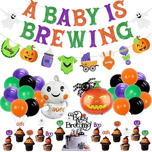 Baby Shower Decorations for Girl Boy, A Baby Is Brewing Banner Glitter, Baby Pumpkin Theme Garland with Cake Cupcake Toppers Pumpkin Ghost Foil Latex Balloons for Gender Reveal Birthday Party Supplies