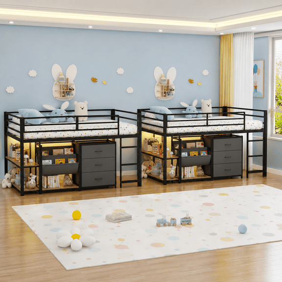 Zimtown Twin Size Set of 2 Low Loft Bed with Storage Drawer and Shelf, Floor Bunk Bed Frame with LED Light, Black