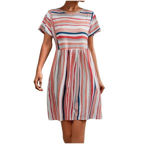 Casual Dresses for Women Summer Striped Short Sleeve Loose Short Tshirt Dress Crewneck Tunic A Line Beach Dress