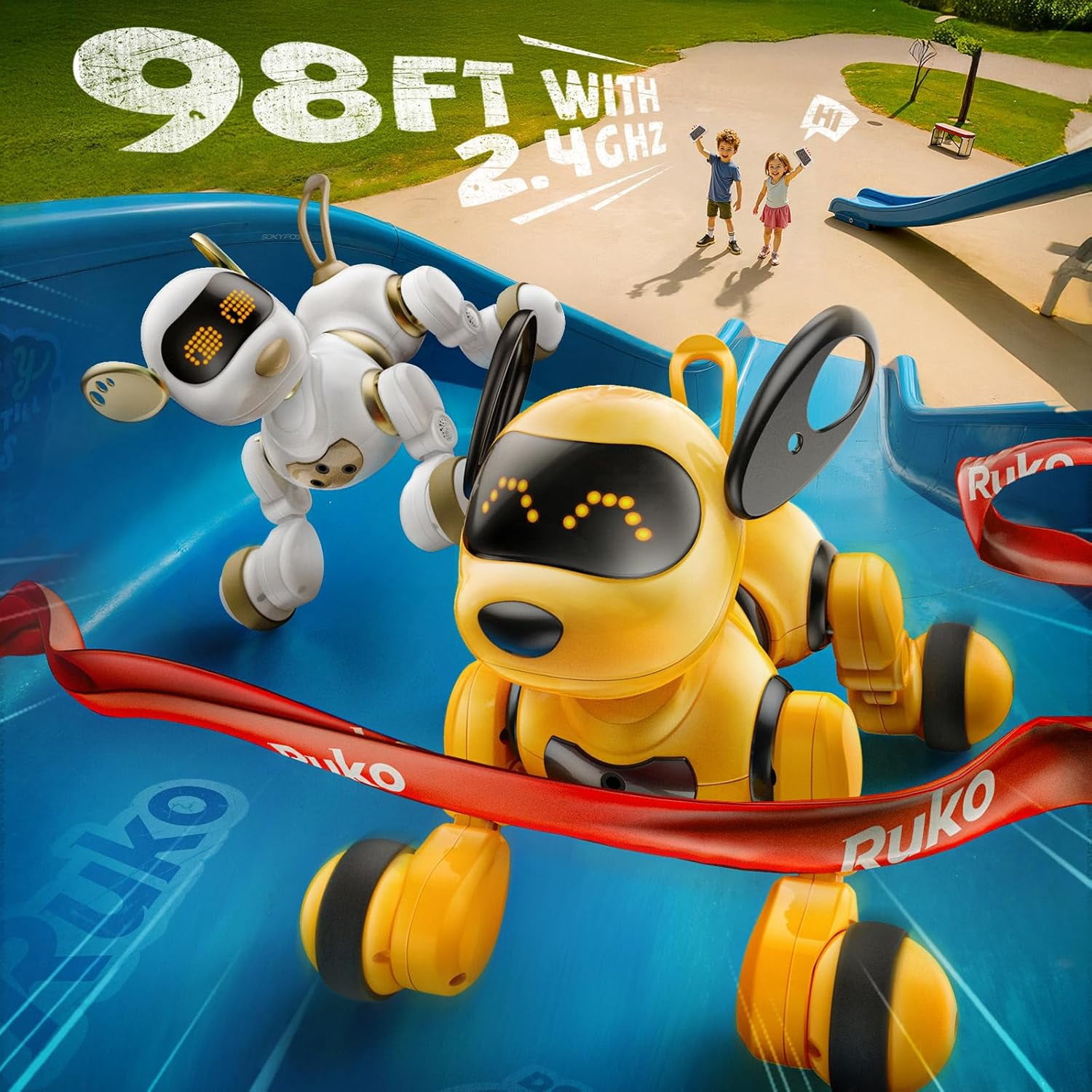 Ruko 18011 Robot Dog Toy, Smart Interactive Puppy, Programmable, 30+ LED Faces, Remote & Gesture Control, Yellow, Ages 3-8