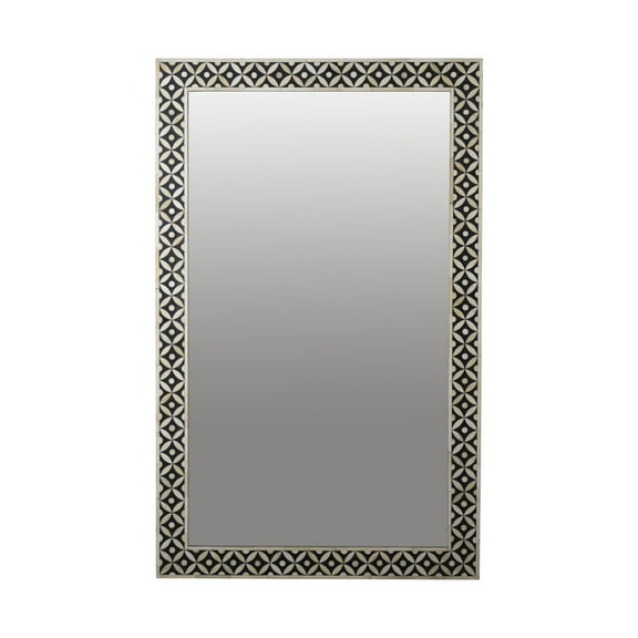 RUDRAKSHA CORPORATION Modern Geometric Bone Inlay Rectangle Mirror Frame, Black with Ivory & Beige Moroccan Motif, Polished Wall Accent for Home