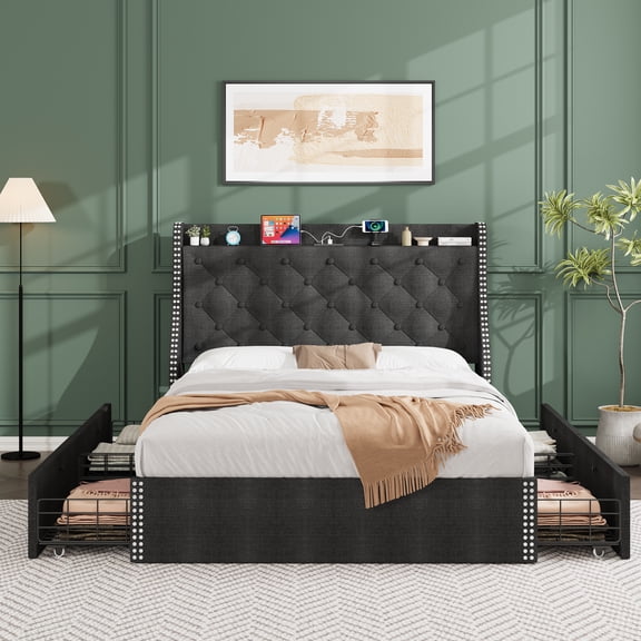 Upholstered Platform Bed Frame Full Size - 4 Storage Drawers, Wingback Headboard with Type-C & USB Charging, Diamond Button Tufted, Wooden Slats, No Box Spring Needed, Easy Assembly