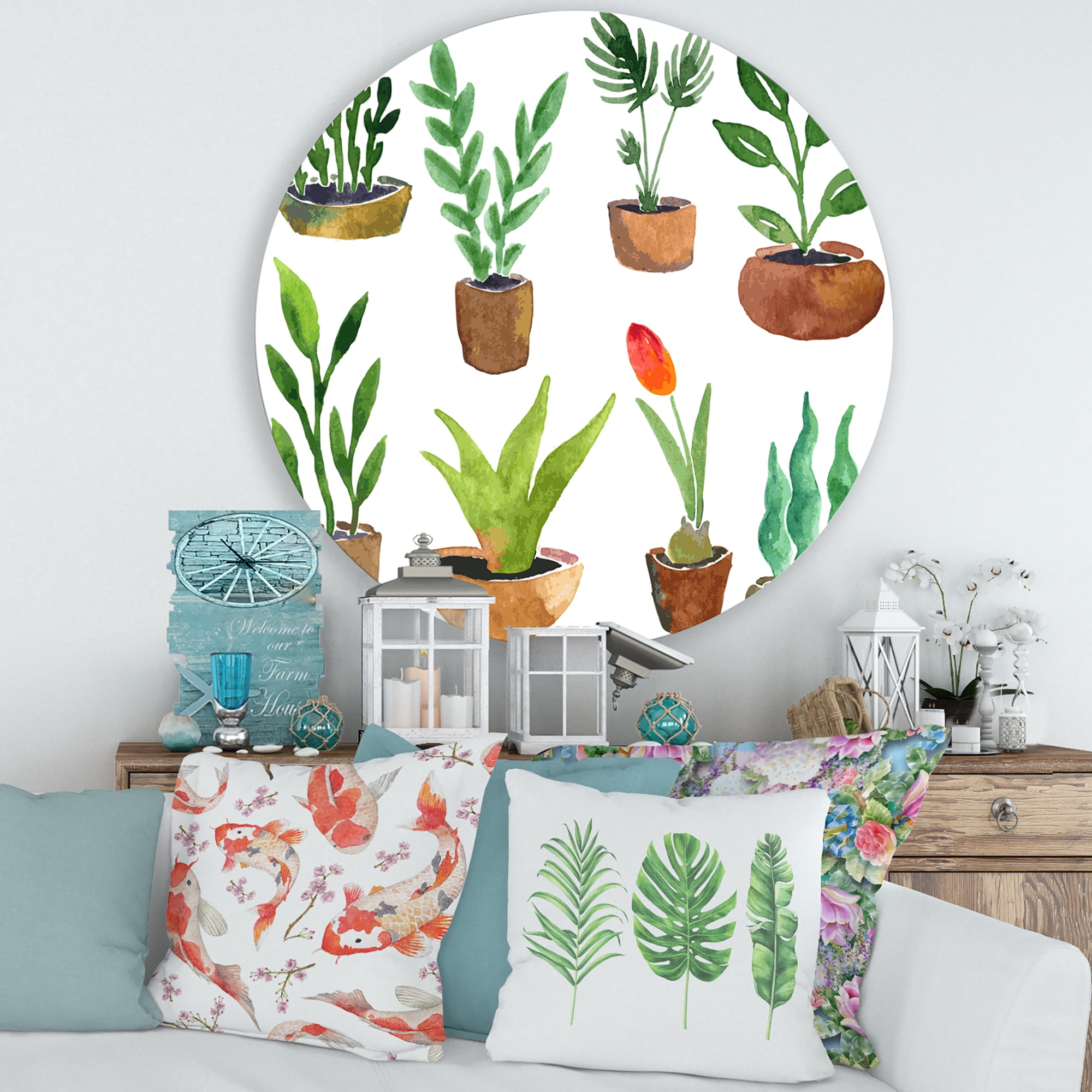 Designart 'Eight House Plants In Claypots' Traditional Circle Metal Wall Art 36x36 - Disc of 36