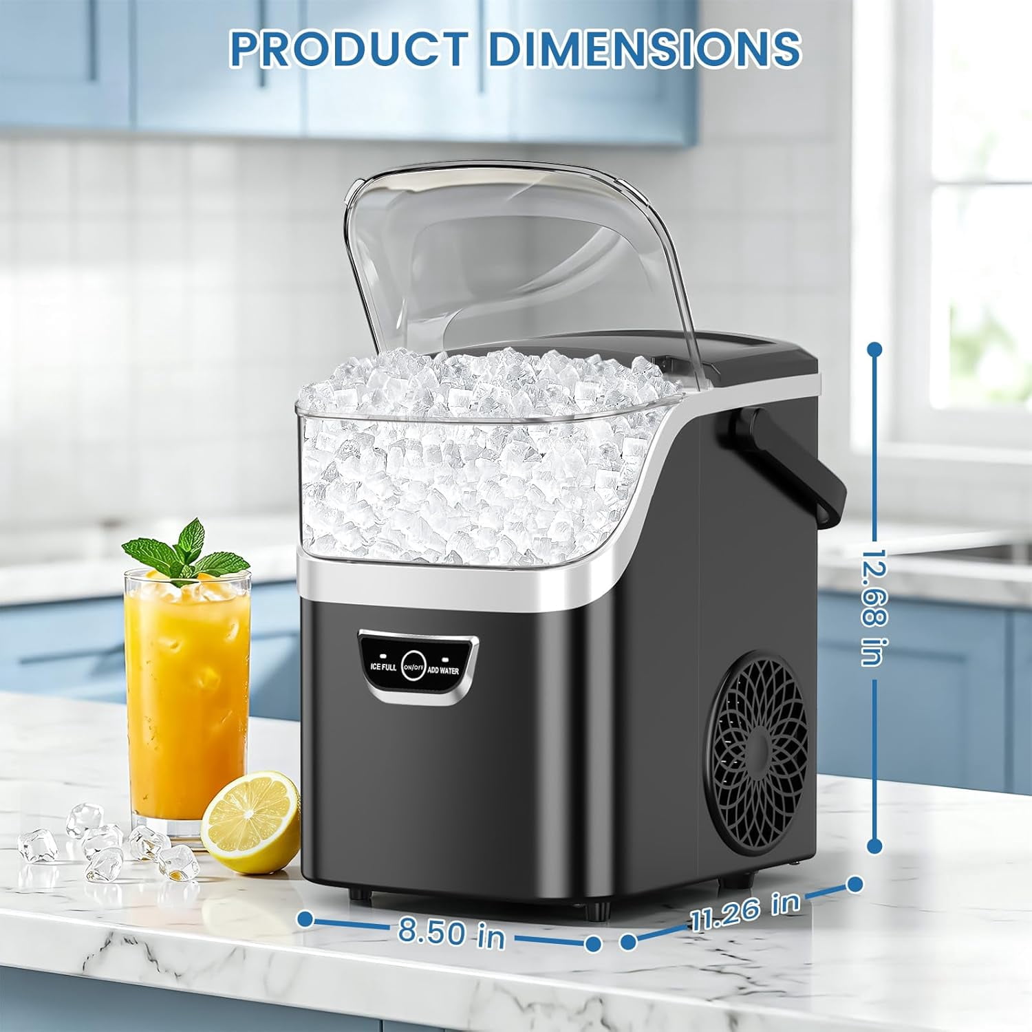 Auseo Nugget Ice Maker Countertop , 35lbs/24H, Crushed Ice Ready in 5 Mins ,Self-Cleaning, Ice Basket & Ice Shovel & Handle, for Home/Office/Party, Black