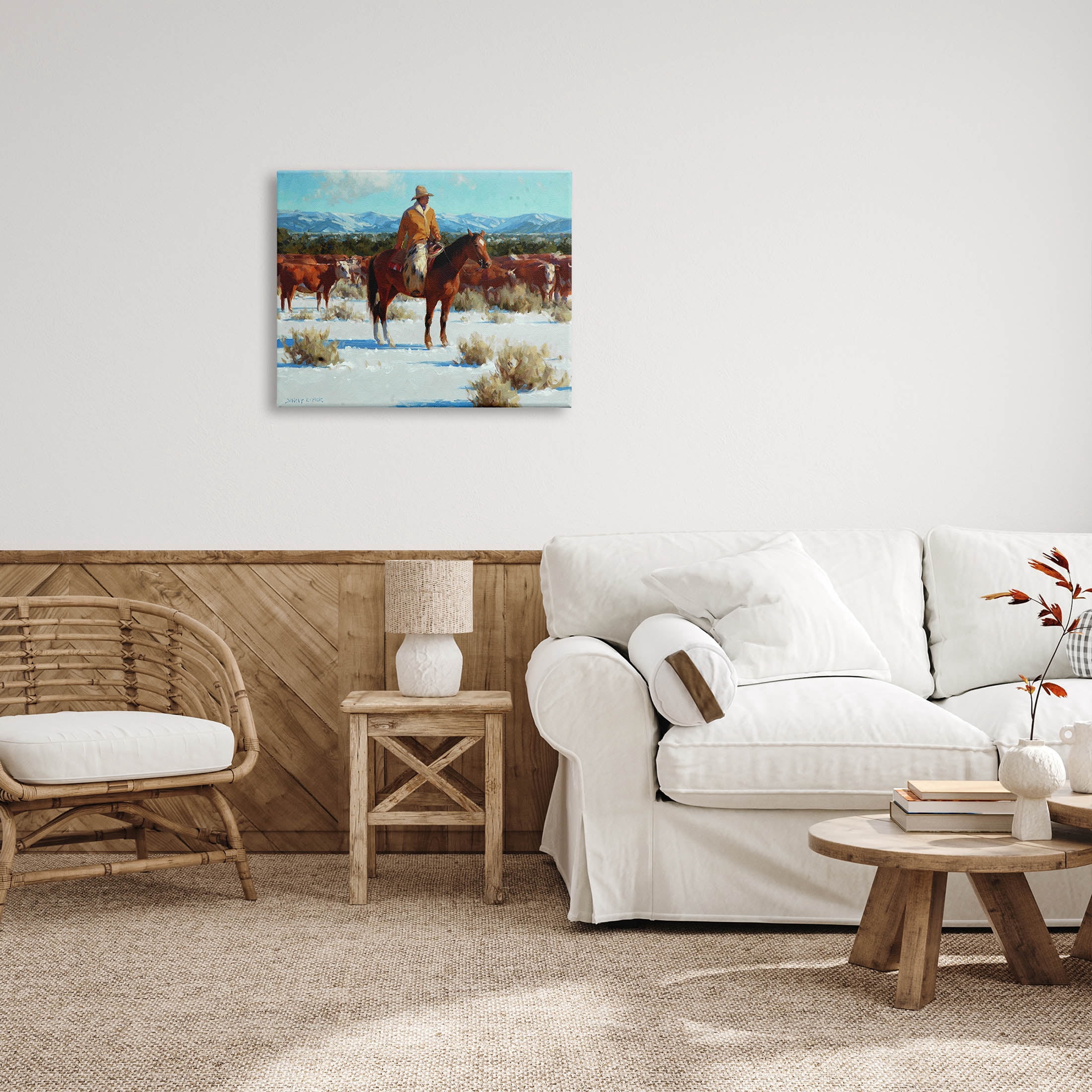 Winter Cowboy Cattle Landscape Animals & Insects Painting Gallery Wrapped Canvas Print Wall Art