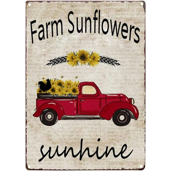 Farm Sunflower Sunshine Red Truck Vintage Tin Bar Sign Farmhouse Kitchen Wall Country Home Decor for Living Room Bedroom Decoration 8X12Inch