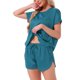 thumbnail image 4 of INSPIRAR CHIC Conjunto de Pijamas de Satén de Seda para Mujeres, Top de Cuello Redondo con Manga Corta y Bolsillo Frontal, y Pantalones Cortos con Cuerda para Dormir L Verde Pavo Real, 4 of 5