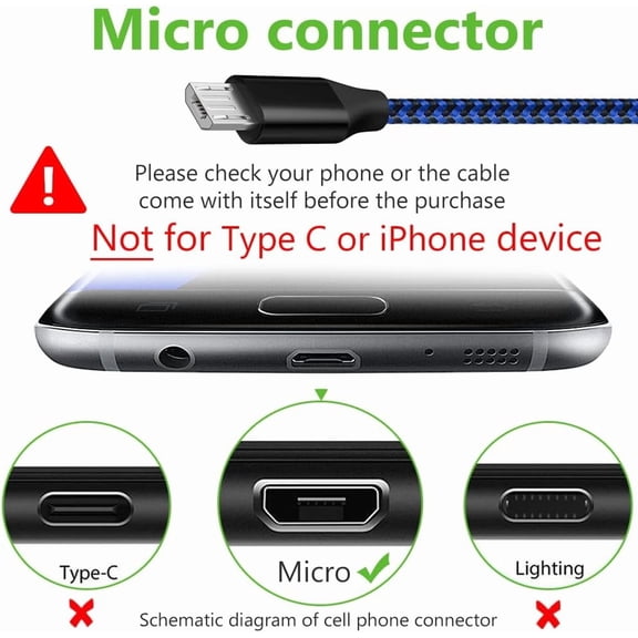 NDIUG-Micro USB Cable 3Pack 10FT Android Charger Long Nylon Braided Charging Cord