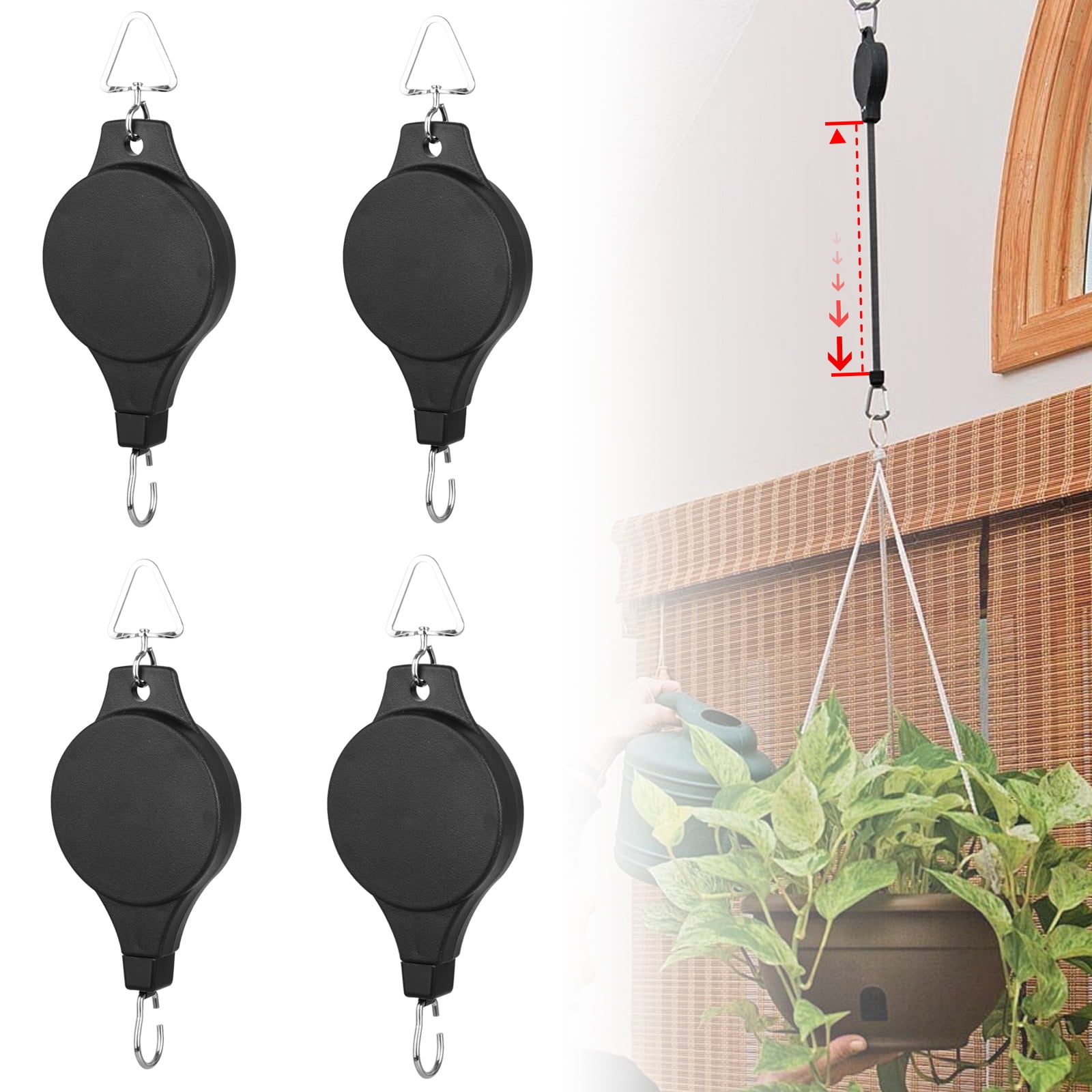 Ogrmar Plant Pulley Retractable Pulley Plant Hanger Hanging Flower Basket Hook Hanger for Garden Baskets Pots and Birds Feeder in Different Height Lower and Raise Pack of 4 Black x4 