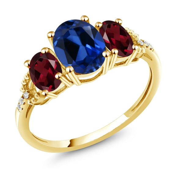 Gem Stone King 10K Yellow GoldBlue Created Sapphire Red Rhodolite Garnet and Diamond Engagement Ring | 2.64 Cttw | 3 Stone Wedding Engagement Anniversary Promise Ring for Women (Size 7)