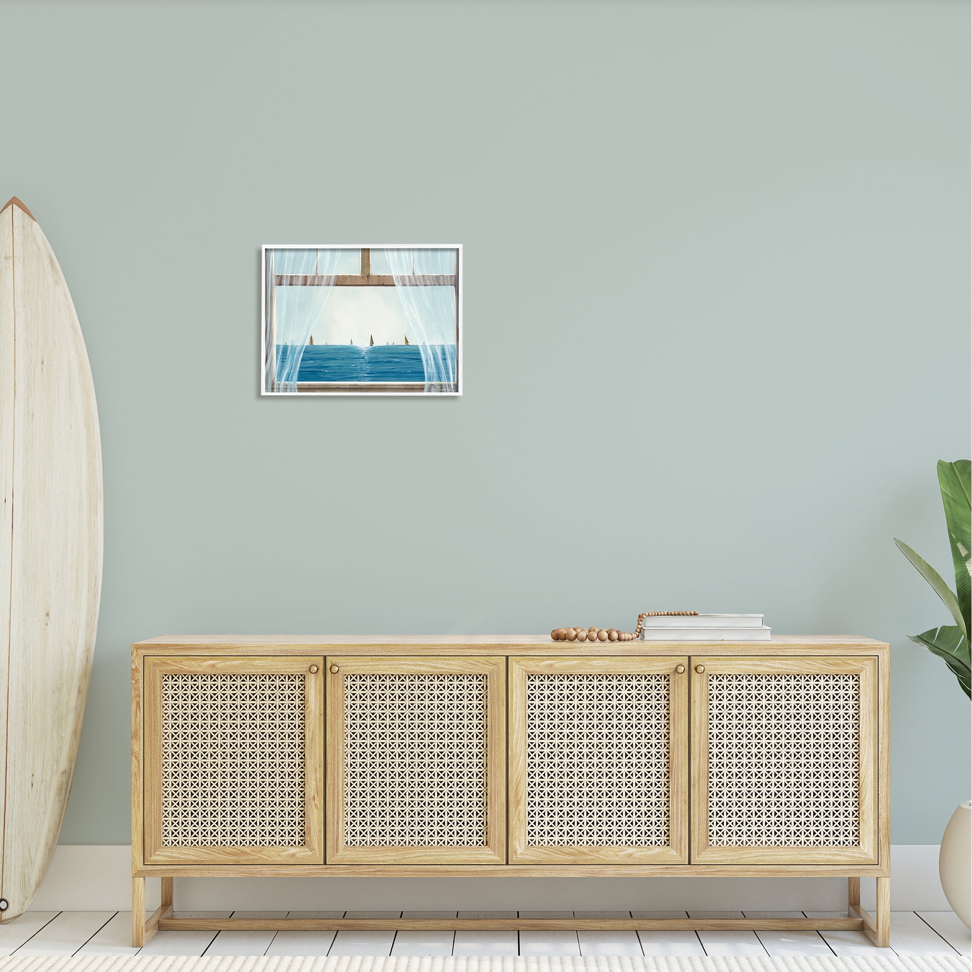Stupell Industries Serene Beach House Window View Sailboats Ocean Framed Wall Art, 20 x 16, Design by John Rossini