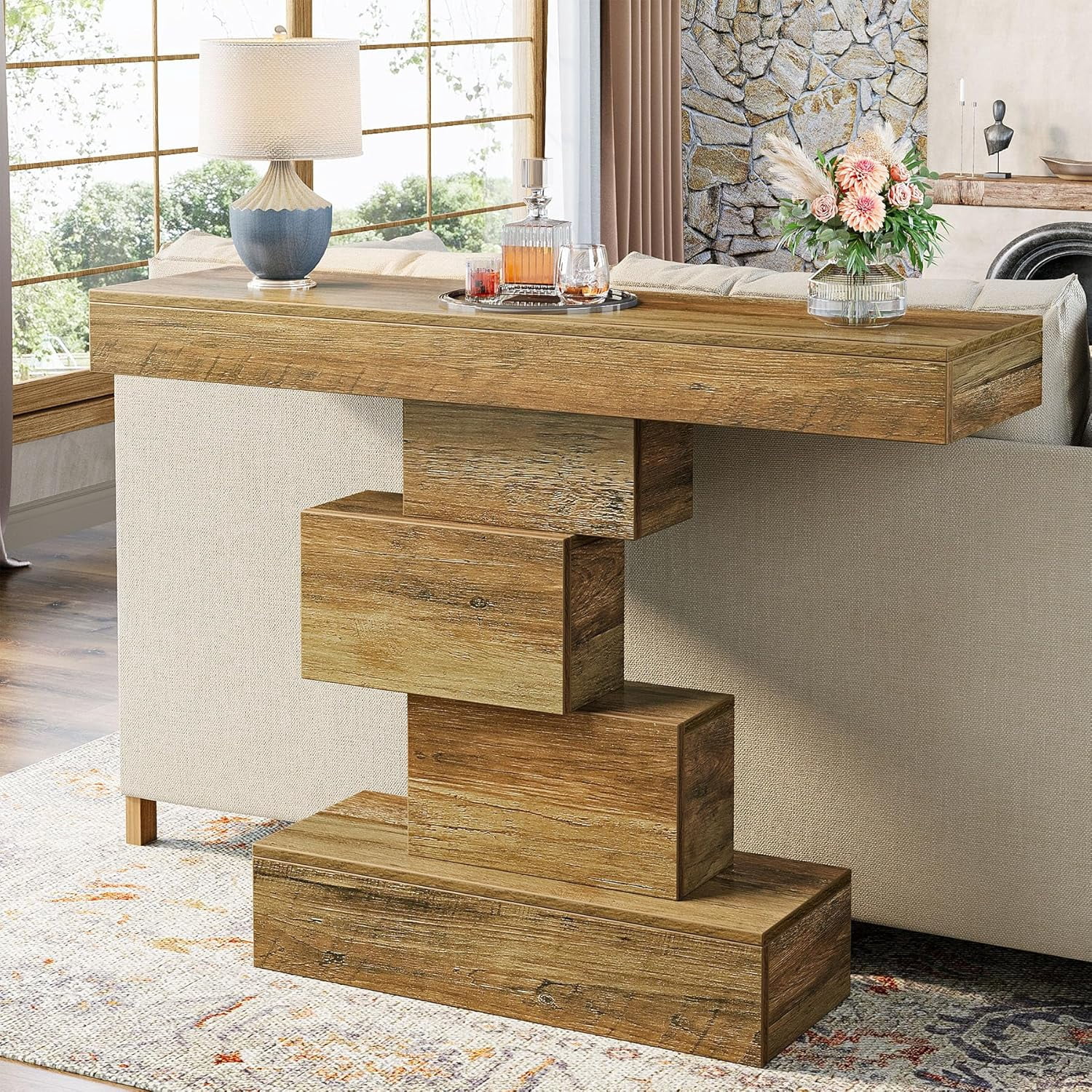 Finmind 42.5" Farmhouse Console Table, Wood Sofa Table for Living Room, Light Brown