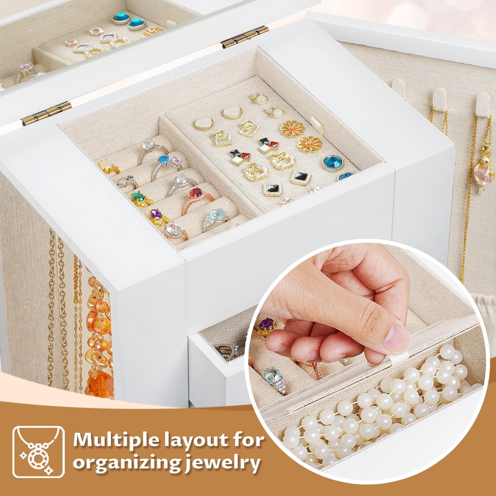 Jewelry Box for Women, 5 Layer Large Wood Boxes & Organizers for Necklaces Earrings Rings Bracelets, Rustic Organizer with Drawers and Mirror, White