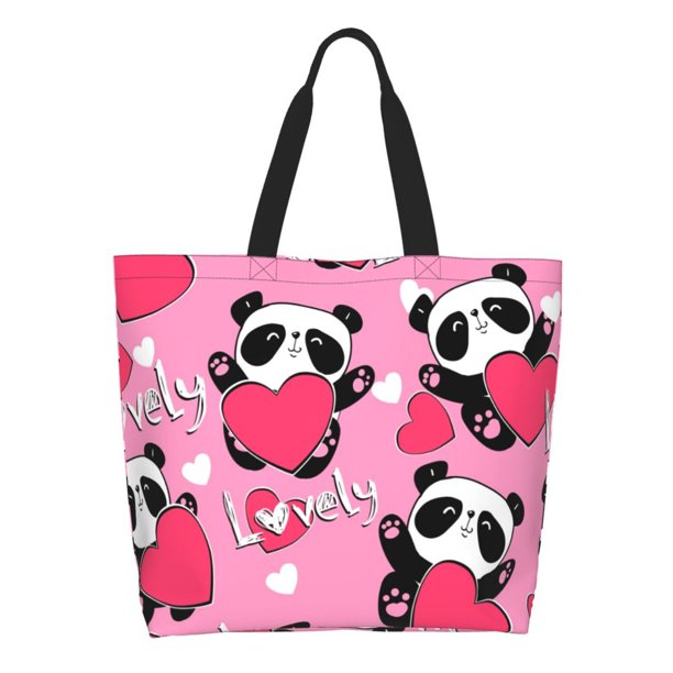 Easygdp Panda Heart Valentine Pink Bolsas Tote para Mujer, Bolsos de Hombro para Viaje, Bolsos de Mano de Gran Capacidad para Compras y Trabajo